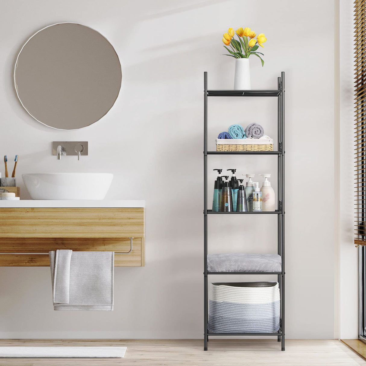 Nandae 5-Tier Bathroom Storage Shelf, Heavy Duty Wire Shelving Unit Free Standing Towel Rack Organization for Kitchen Bathroom Laundry, Black Nandae