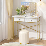 Small Vanity Desk No Mirror for Kids Bedroom, 31.5 Inch Vanity Table with Drawers, Makeup Vanity Desk for Narrow Spaces, White and Gold(No Mirror) ThreeHio