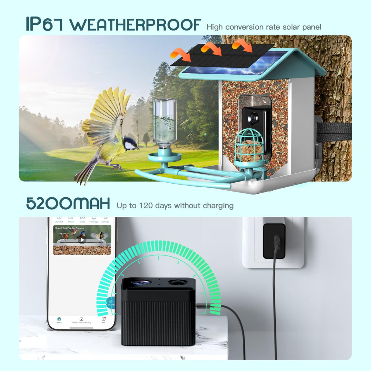 BROAIMX Smart Bird Feeder with Camera, Free AI Forever for 11,000+ Bird Species, 64G TF Card & 1080P HD, Solar-Powered Wireless Outdoor Bird Feeder, App Alerts & Two-Way Audio for Garden Bird Watching BROAIMX