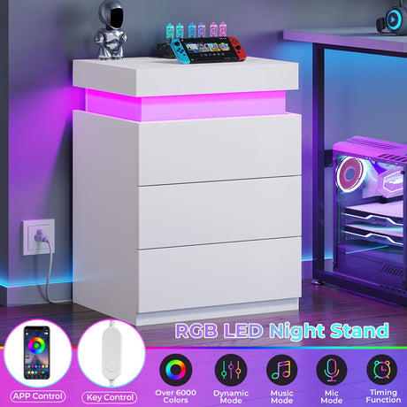BTHFST Modern LED Nightstands Set of 2 with Charging Station and Sliding Top in White BTHFST