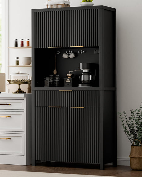 Lulive 71" Fluted Pantry Cabinet with Charging Station & Adjustable Shelves, Spacious Kitchen Storage Cabinet with Open Countertop & Drawer for Dining Room, Living Room, Black Lulive
