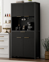 Lulive 71" Fluted Pantry Cabinet with Charging Station & Adjustable Shelves, Spacious Kitchen Storage Cabinet with Open Countertop & Drawer for Dining Room, Living Room, Black Lulive