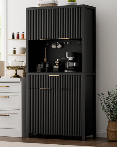 Lulive 71" Fluted Pantry Cabinet with Charging Station & Adjustable Shelves, Spacious Kitchen Storage Cabinet with Open Countertop & Drawer for Dining Room, Living Room, Black
