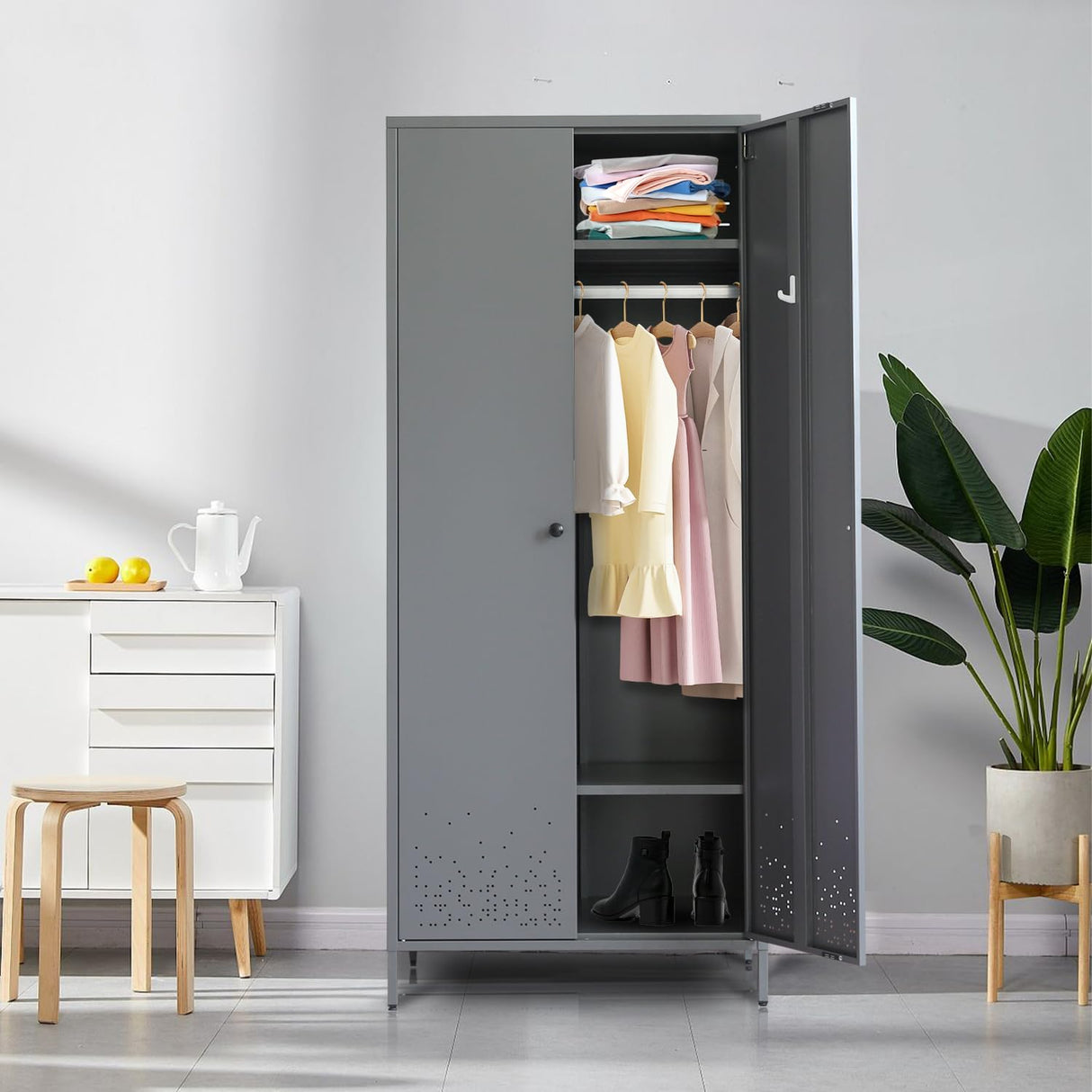 YEEZER Metal Armoire Wardrobe Closet Cabinet for Hanging Clothes with Lock Doors, -74" Steel Lockable Wardrobe Storage Locker Clothes Organizer for Bedroom, Laundry Room (Dark Gray) YEEZER