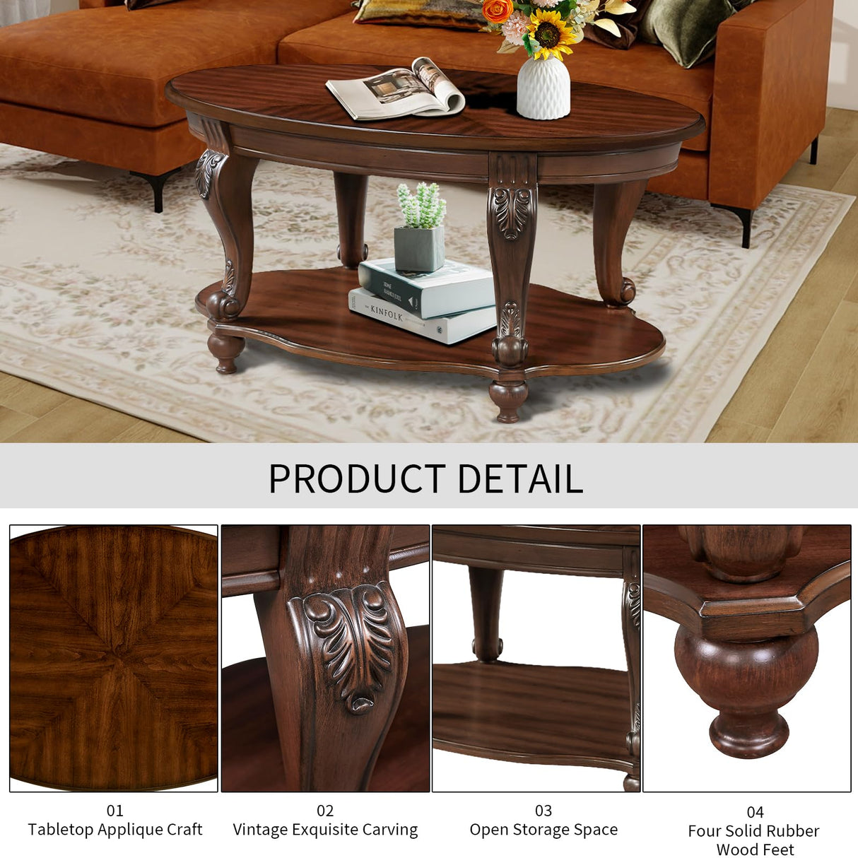 YWUFUART 42" Wood Coffee Table for Living Room Oval Coffee Table with Storage Shelf, Antique Table Legs with Elegant Carvings, Easy Assembly, Cherry YWUFUART