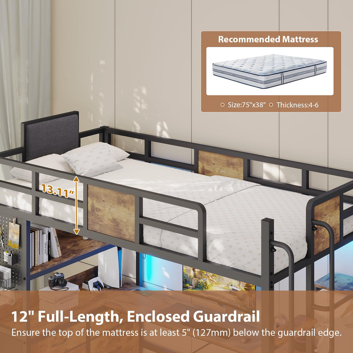 Loft Bed Twin Size with L-Shaped Desk,Metal Bunk Bed Frame with 5 Storage Drawers, LED Lights & Charging Station,Twin Loft Bed with Removable Ladder, Safety Guardrail,No Box Spring Needed,Rustic Brown Dnxao