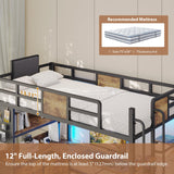 Loft Bed Twin Size with L-Shaped Desk,Metal Bunk Bed Frame with 5 Storage Drawers, LED Lights & Charging Station,Twin Loft Bed with Removable Ladder, Safety Guardrail,No Box Spring Needed,Rustic Brown Dnxao