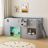 JOYMOR Loft Bed Twin Size with Led Light, Low Loft Bed with Storage Drawer, Modern Farmhouse Loft Bed with Castle Guardrail and Window, Book Rack, Smart APP Control, No Box Spring Needed (Gray) JOYMOR