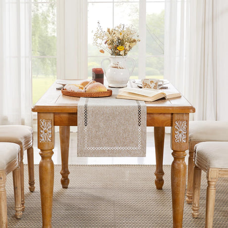 Aoztio Burlap Style Farmhouse Table Runner, 13 x 36 Inch Coffee, Rustic Geometric Hollow Table Runners 36 Inches Long for Dresser Table Everyday Use, 13x36 Inches, Coffee Aoztio
