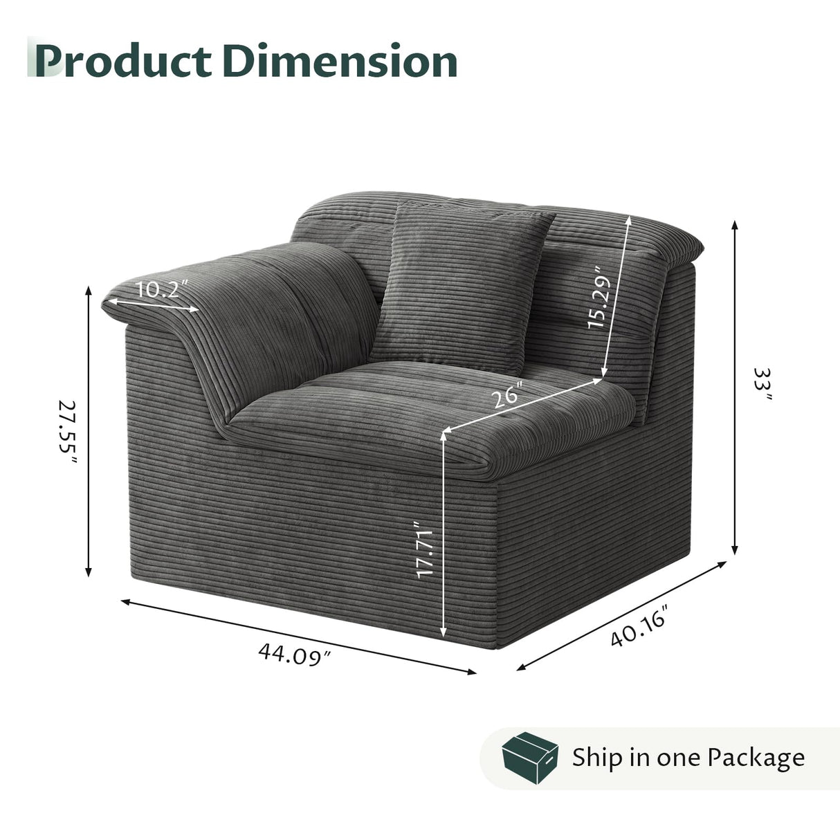 44" Modern Sectional Sofa, Upholstered Corduroy Cloud Couch with Deep Seat, Comfy Boneless Loveseat for Living Room, No Assembly Required, Dark Gray, Right Side SUNG7