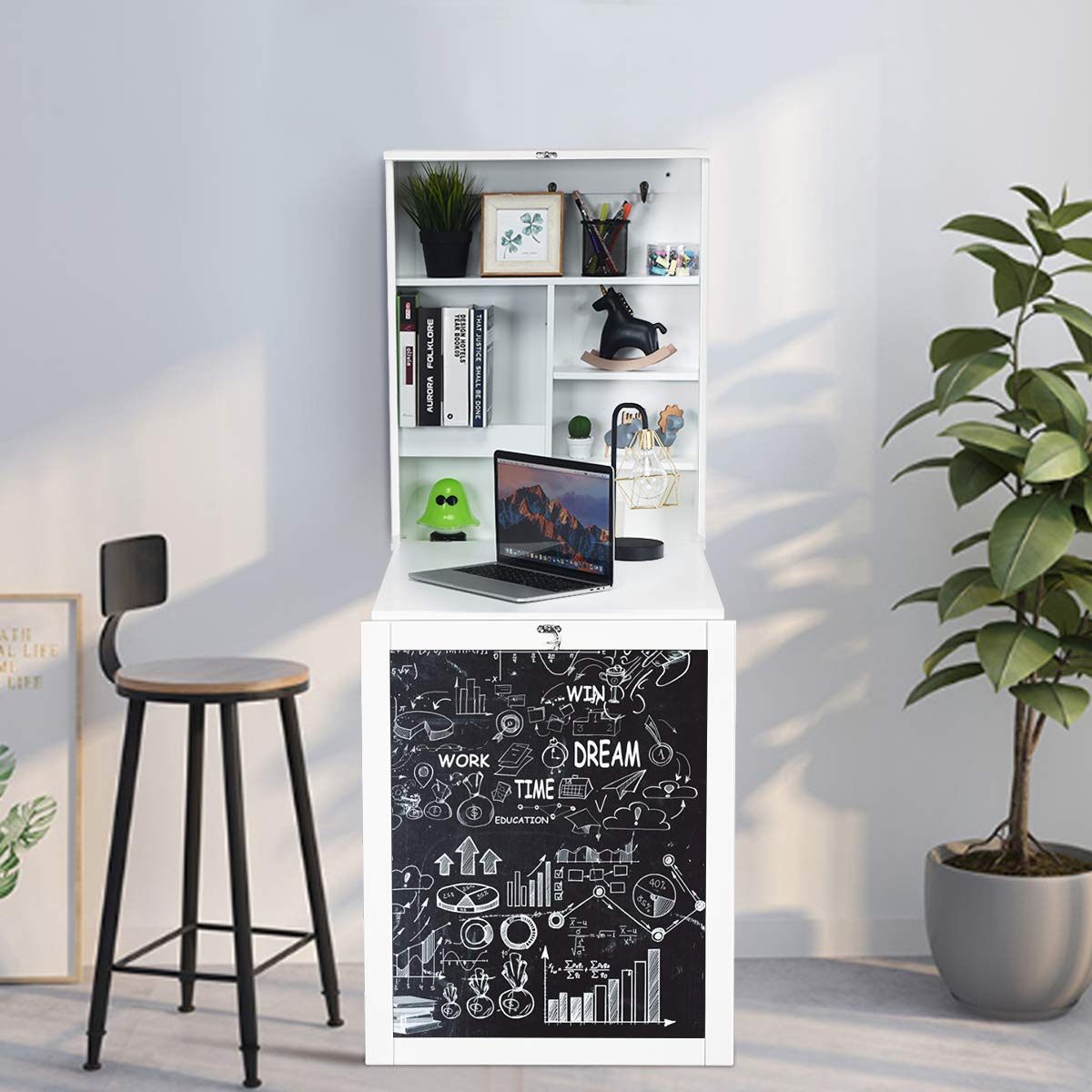 Tangkula Folding Floating Desk with Chalkboard, Wall Mounted Space Saving Fold Up Convertible Table with Storage Shelves & Hooks (White) Tangkula