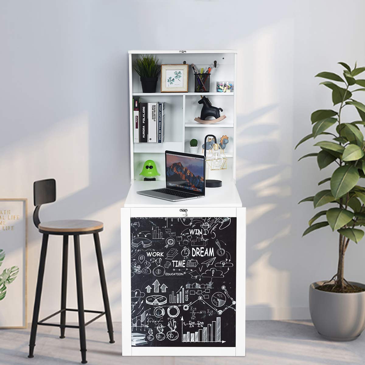 Tangkula Folding Floating Desk with Chalkboard, Wall Mounted Space Saving Fold Up Convertible Table with Storage Shelves & Hooks (White) - WoodArtSupply