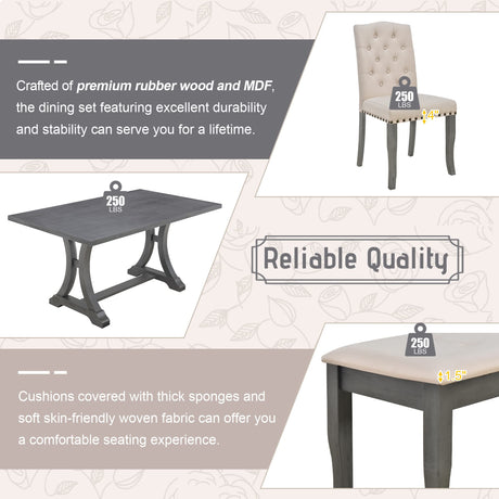 Farmhouse Dining Table Set for 6, Kitchen Table Set with Chairs and Bench, 6 Piece Solid Wood Dining Room Set with Trestle Table Legs for Kitchen, Dining Room (Antique Grey) Mirightone