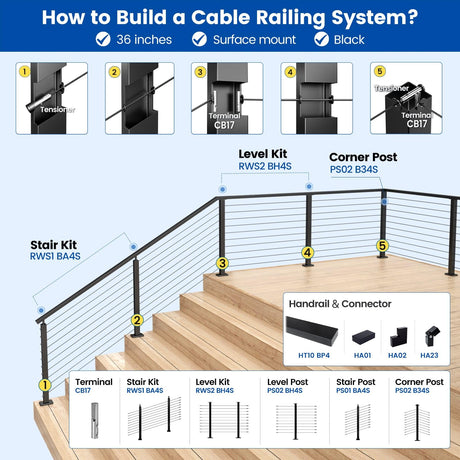 Muzata Black Stair Cable Railing Post 36 Inch for 25-35 Degrees Stair 36"x2"x2" Surface Mount T304 Stainless Steel Cable Railing System Kit Indoor Outdoor with Paper User Guide PS01 BA4S Muzata
