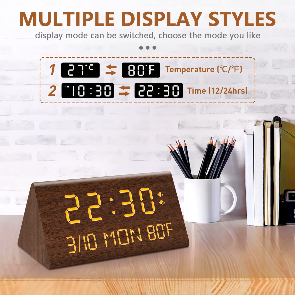 Kogonee Wooden Digital Alarm Clock, 0-100% Dimmer, 2 Alarm Settings, Weekday/Everyday Mode, 9 Mins Snooze, 12/24H, Temperature and Date Display for Office, Travel, Bedroom Alarm Clock (Brown) Kogonee