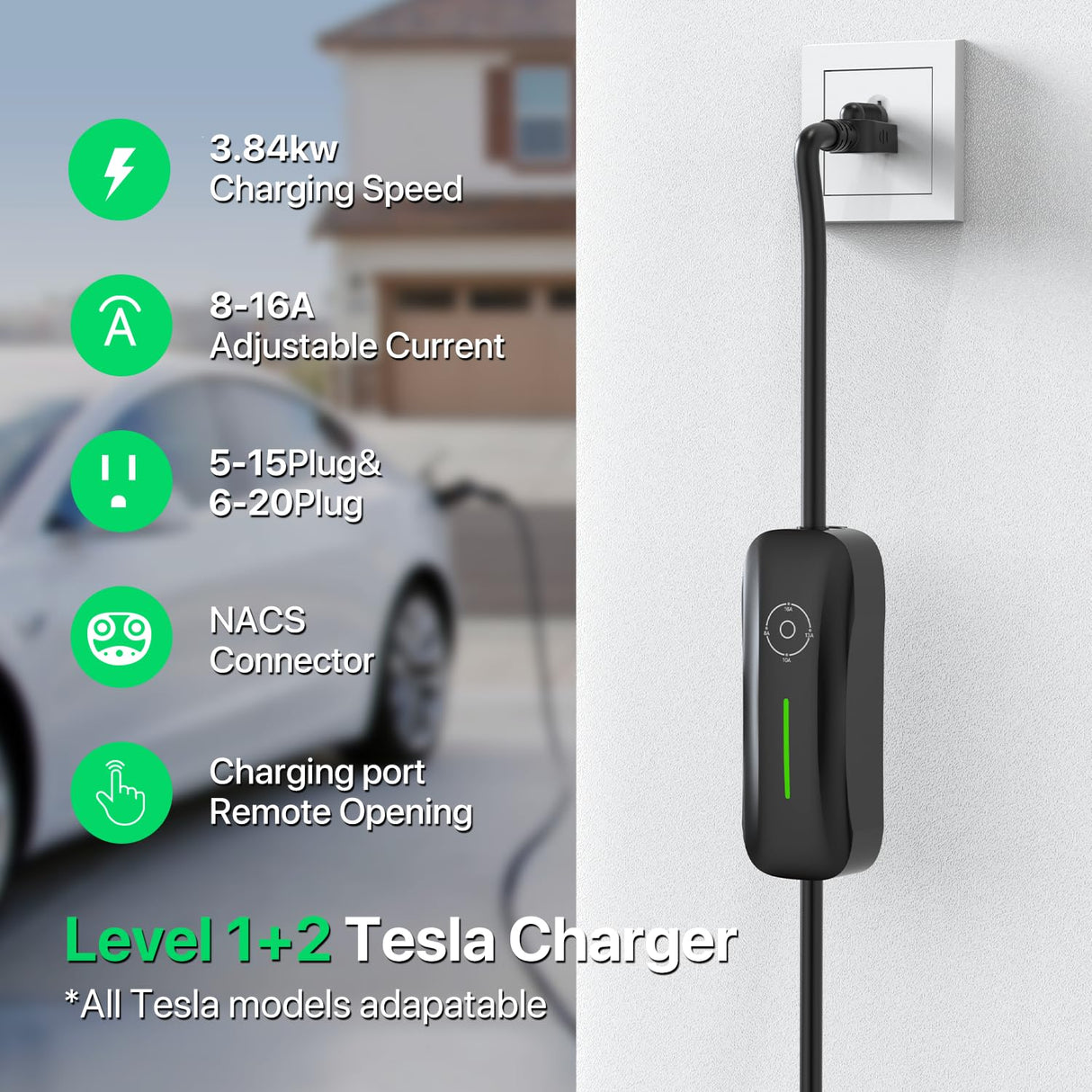 RhEVchar Level 1+2 EV Charger Tesla NACS 16A Mobile Electric Car Charger 110V/240V with NEMA 5-15 Plug and 6-20 Plug 25FT Cable 3.84KW Adjustable 16 Amps Vehicle Charging Stations for Tesla RhEVchar