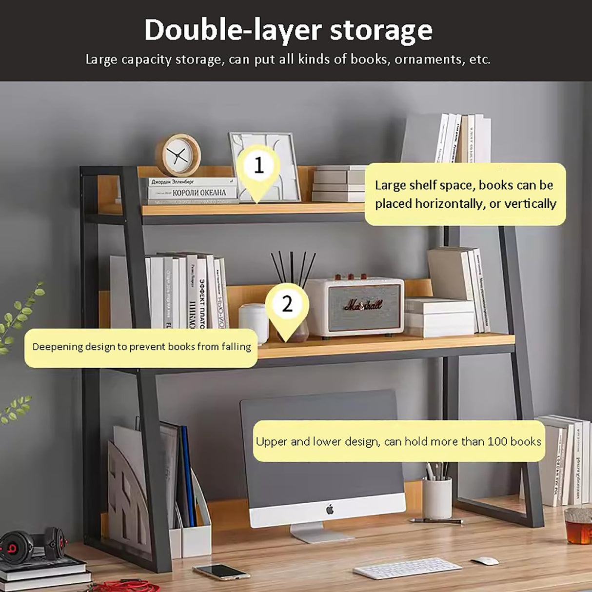 Desktop Bookshelf and 2-Tier Hutch Organizer for Efficient Workspace Storage HM&DX