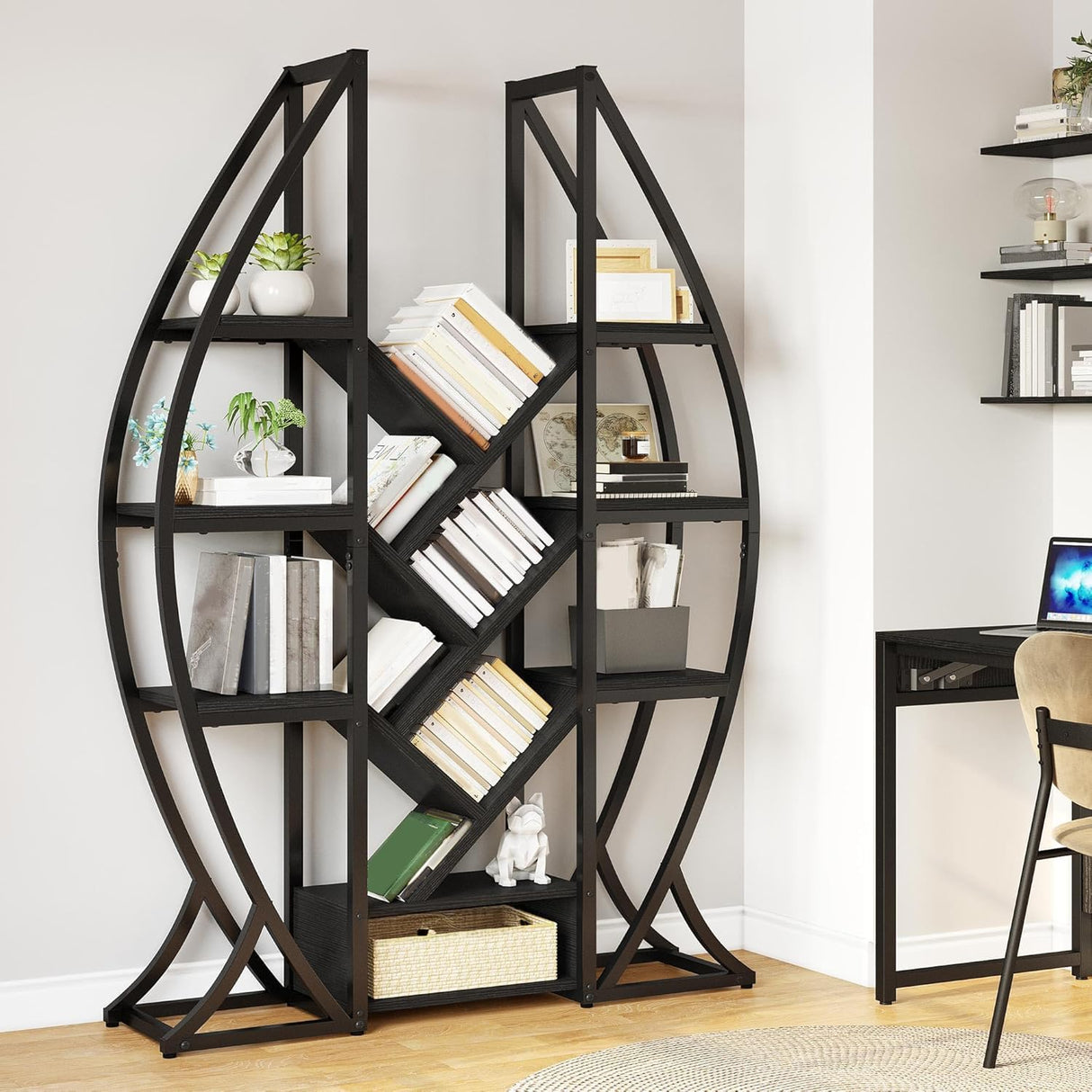 DWVO Oval Bookshelf, Triple Wide 5 Tier Etagere Bookcase, Industrial Display Shelves for Living Room, Bedroom, Home Office, Black DWVO
