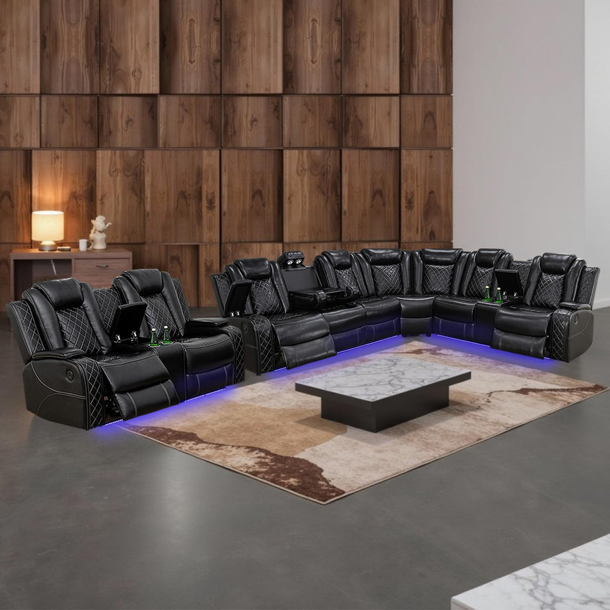SIENWIEY Power Recliner Sectional Sofa Set for Living Room Furniture，Leather Reclining Sectional Couch with Loveseat Recliner，Leather Sofa Couch with LED Lights/Storage/Cup Holders/Charging Port，Black SIENWIEY