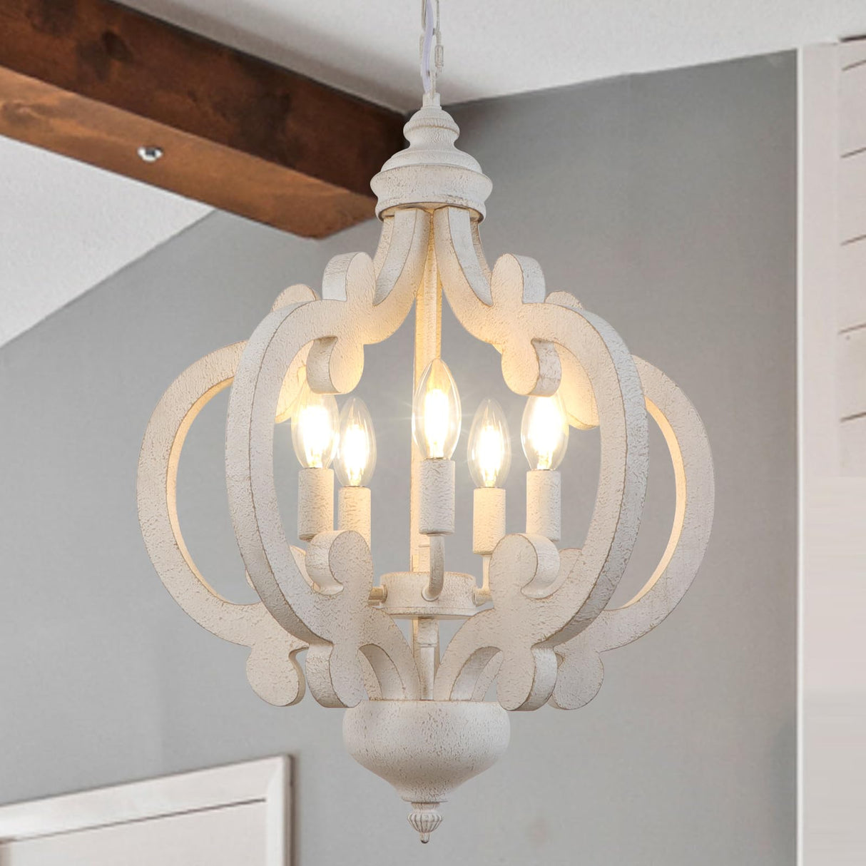 Antique White Farmhouse Chandelier Rustic Wood Pendant Light, 5 Lights 17 Inch French Country Chandelier Cottage Orb Chandeliers Hanging for Dining Room Kitchen Island Bedroom Foyer Cunfash