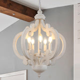 Antique White Farmhouse Chandelier Rustic Wood Pendant Light, 5 Lights 17 Inch French Country Chandelier Cottage Orb Chandeliers Hanging for Dining Room Kitchen Island Bedroom Foyer Cunfash