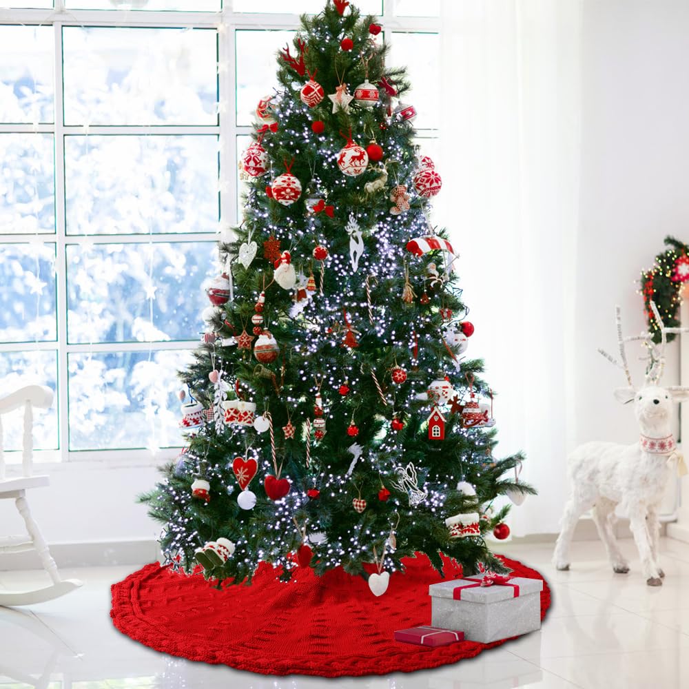 YUJUN 48 Inches Christmas Knitted Tree Skirt Decorations Xmas Large Red Chunky Cable Farmhouse Thick Rustic Tree Skirt for Merry Christmas Tree Holiday Home Party Decoration YUJUN