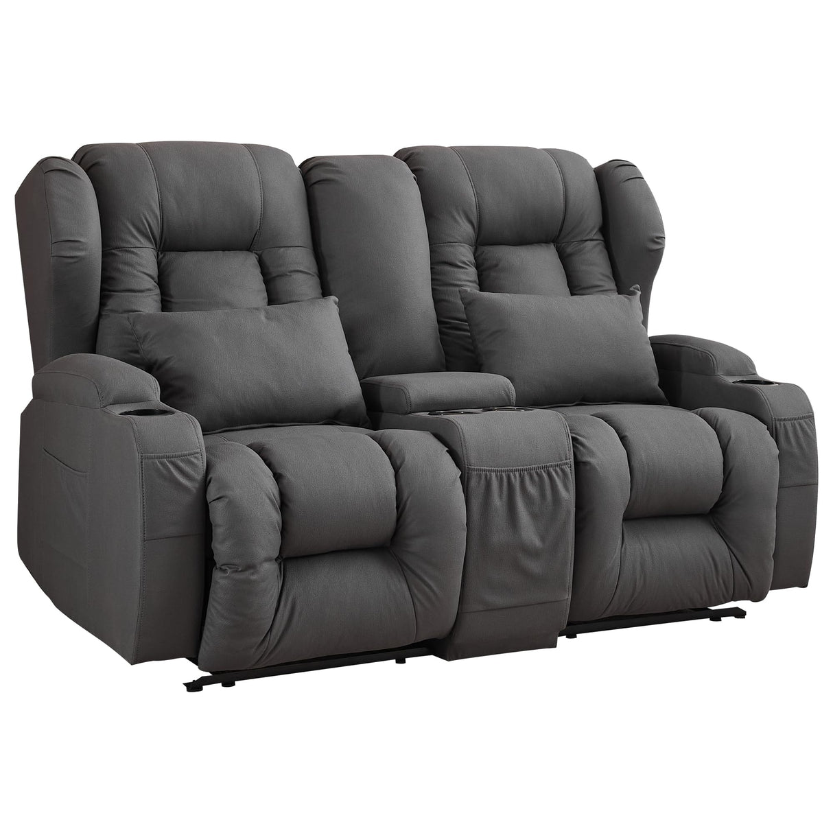 URRED Loveseat Recliner Sofa with Console, RV Manual Reclining Loveseat Couch Home Theater Seating with Cup Holders/Side Pockets/Pillows/Hide Storage for Living Room, Gray URRED