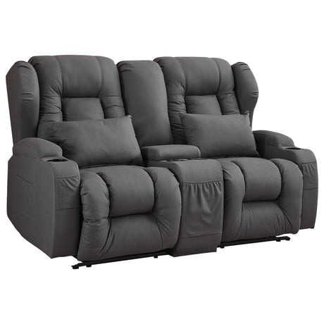URRED Loveseat Recliner Sofa with Console, RV Manual Reclining Loveseat Couch Home Theater Seating with Cup Holders/Side Pockets/Pillows/Hide Storage for Living Room, Gray URRED