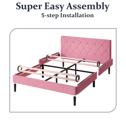 ZIEUNS Queen Size Bed Frame, Upholstered Platform Bed Frame with Button Tufted Velvet Headboard, Mattress Foundation, Wooden Slats Support, No Box Spring Needed, Super Easy Assembly, Pink