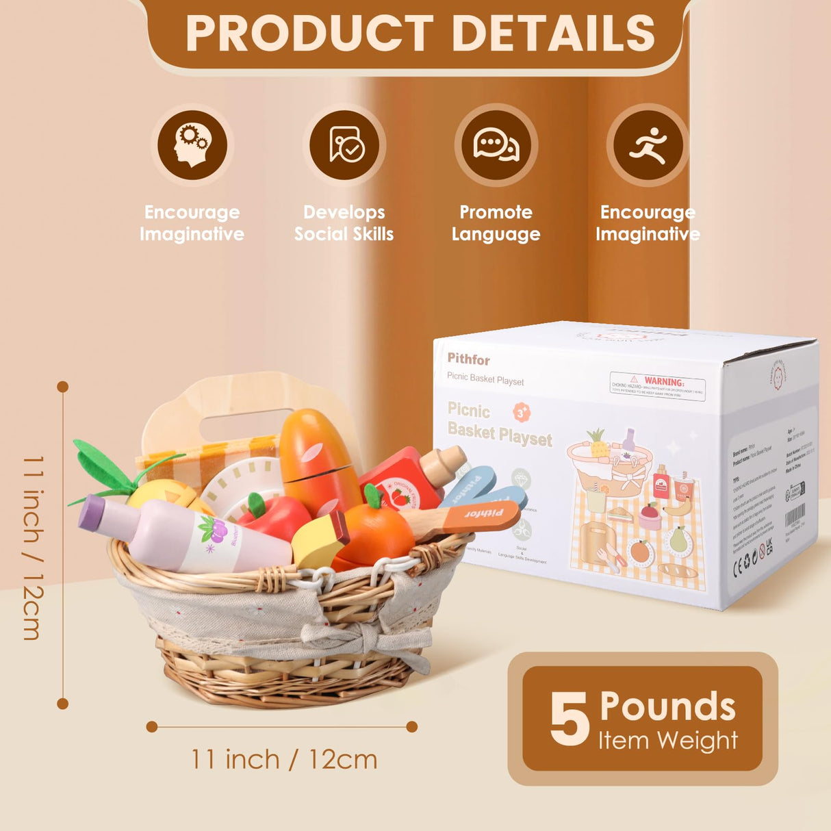 Pithfor Picnic Playset, Wooden Play Food Set for Kids Kitchen, Cutting Pretend Play Kitchen Food Toy for Toddlers Girls Boys 1 2 3 4 5 Years Old Pithfor