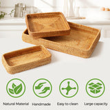 Rattan Serving Tray, Rectangle Rattan Basket Set of 3, Wicker Storage Basket Wicker Baskets for Organizing, Natural Basket Tray Decorative Basket Woven Tray for Home Decor Bathroom Kitchen Counter S310