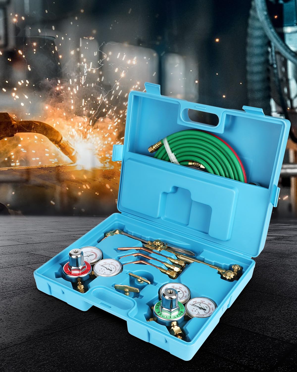 Oxygen Acetylene Torch Kit Oxy Gas Welding Cutting Brazing Set Portable Welder Tool Nozzles Regulator Hose Gauges Blue Case Cuilvu