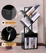 YSVCO 4 Tier Book Tree Bookshelf, Wooden Small Book Shelf with Storage Cabinet, Modern Freestanding Bookcase, Floor Standing Display Organizer for Small Spaces, Living Rooms, Home Offices,Black BS34BS YSVCO