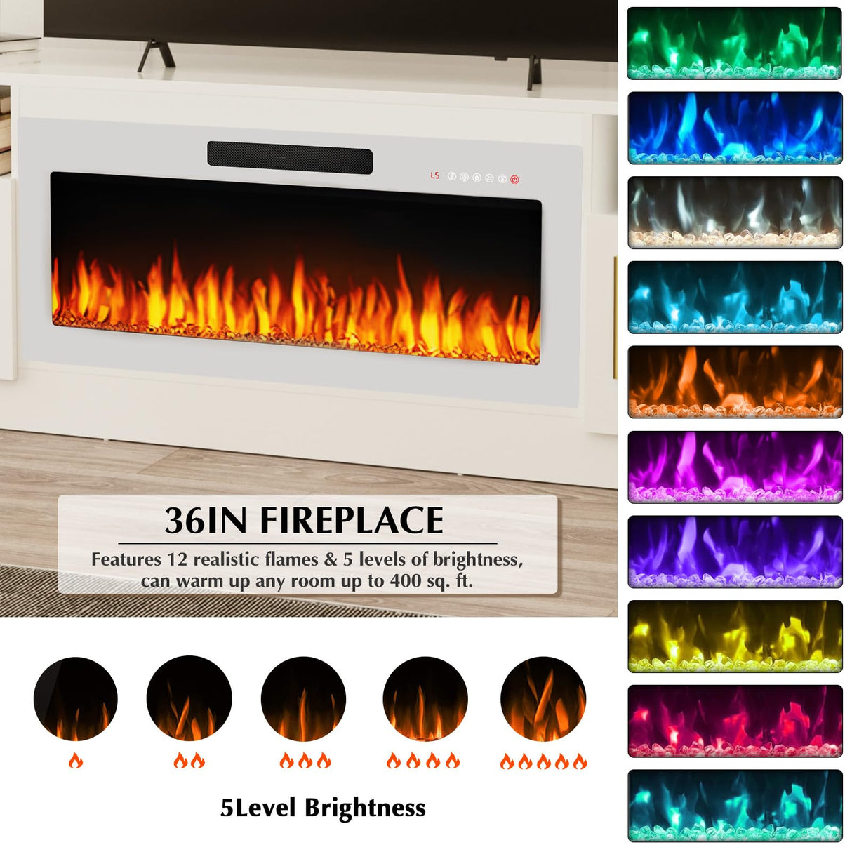 LEMBERI Fireplace tv Stand with 36 inch White Fireplace Up to 80" TVs,LED Light Entertainment Center and Storage, 70" Modern Wood Media TV Console with Highlight Cabinet for Living Room LEMBERI