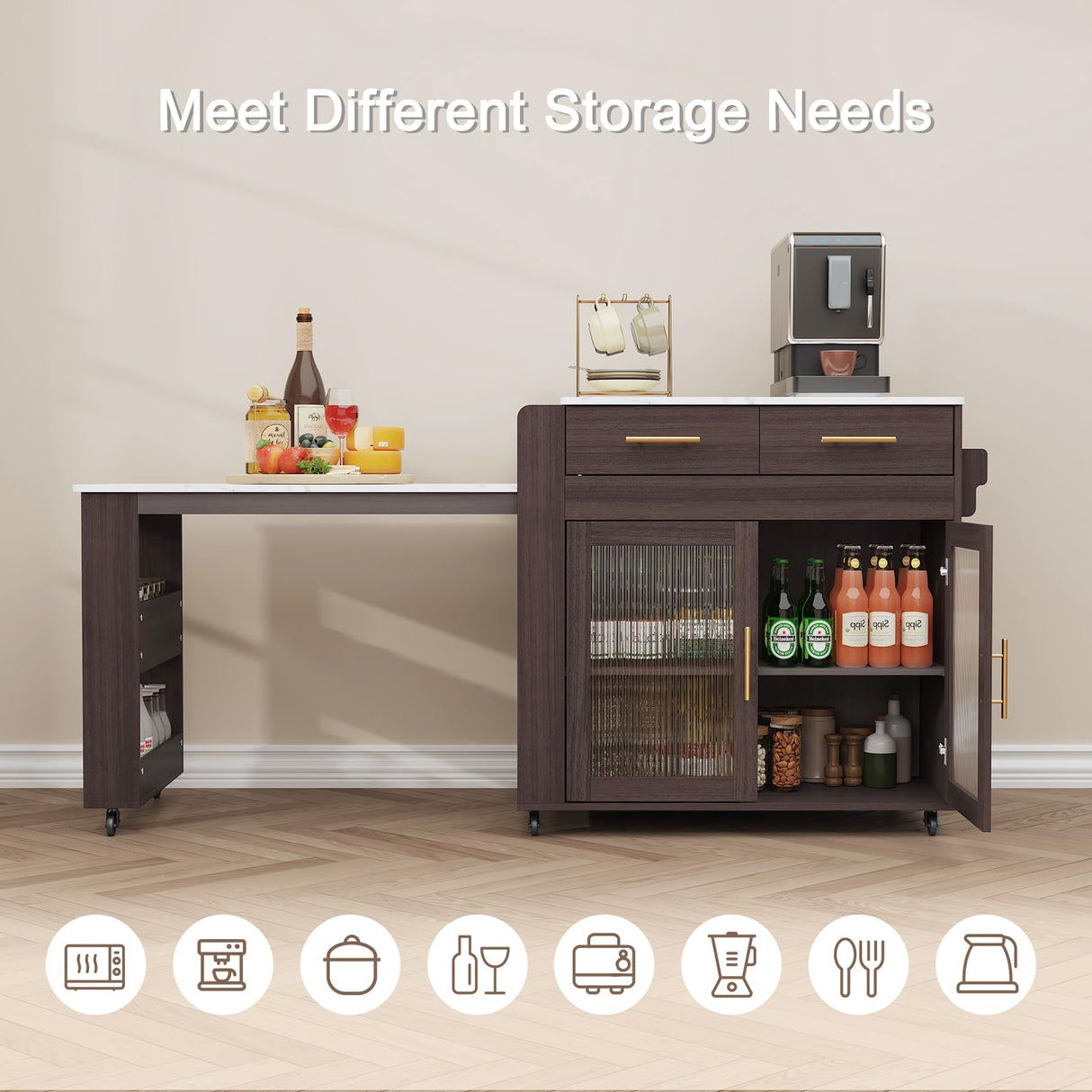 HLR Kitchen Island with Extendable Dining Table, Marble Grain Countertop Island with Power Outlet, Rolling Storage Cart on Wheels with Storage Cabinet and 2 Drawers, Prep Table for Kitchen HLR