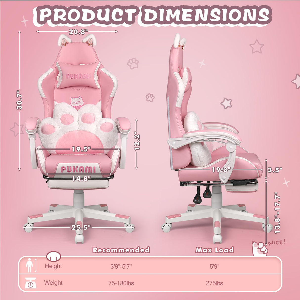 PUKAMI Pink Gaming Chair with Cat Ears and Cat Paw Cushion Pillow,Cute Computer Chair for Girl with Footrest,Ergonomic Gamer Chair, Kawaii Gaming Chair,Reclining Game Chair(Pink) PUKAMI