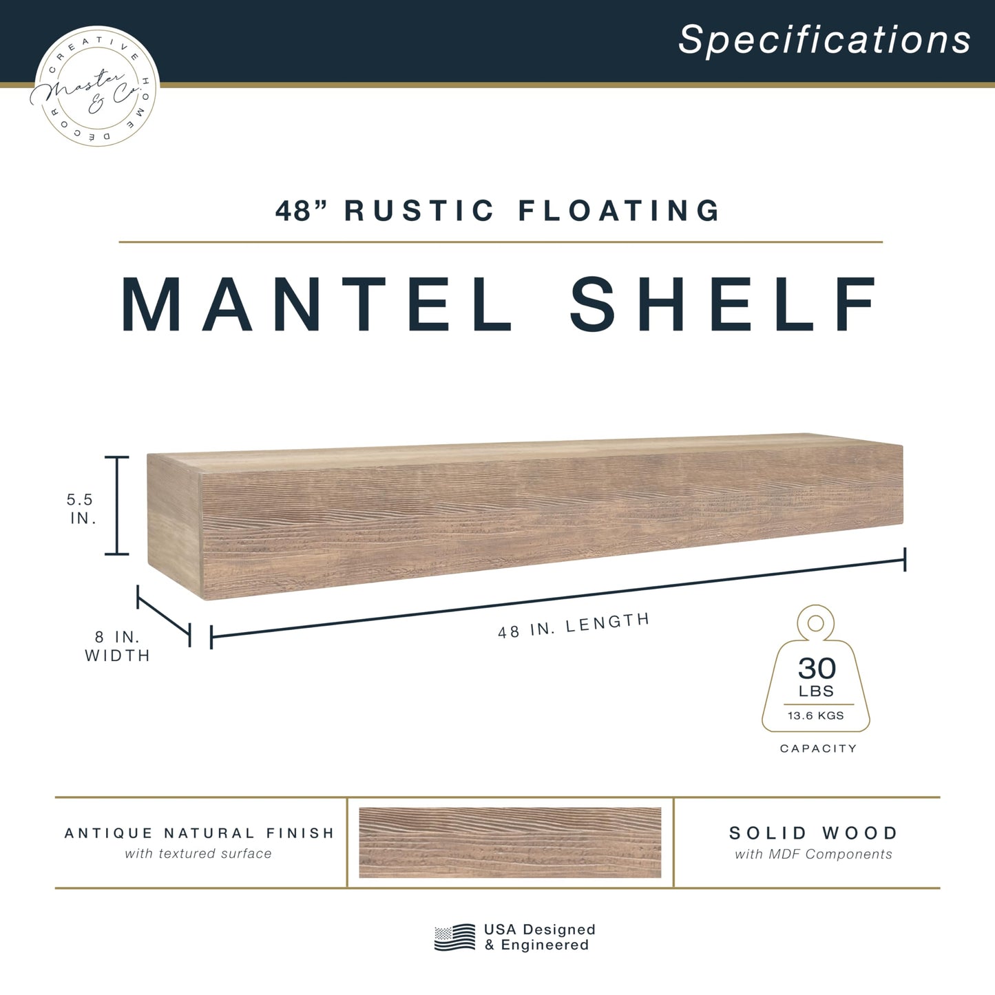 MCS 48-Inch Mantel, Master & Co Antique Natural Finsh Solid Wood Floating Fireplace Mantel, Long Floating Shelf for Livingroom with Wood Cleat Hanging System, Photo and Home Decor Display Shelf