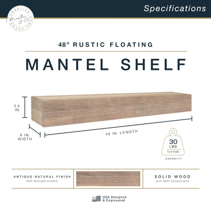 MCS 48-Inch Mantel, Master & Co Antique Natural Finsh Solid Wood Floating Fireplace Mantel, Long Floating Shelf for Livingroom with Wood Cleat Hanging System, Photo and Home Decor Display Shelf