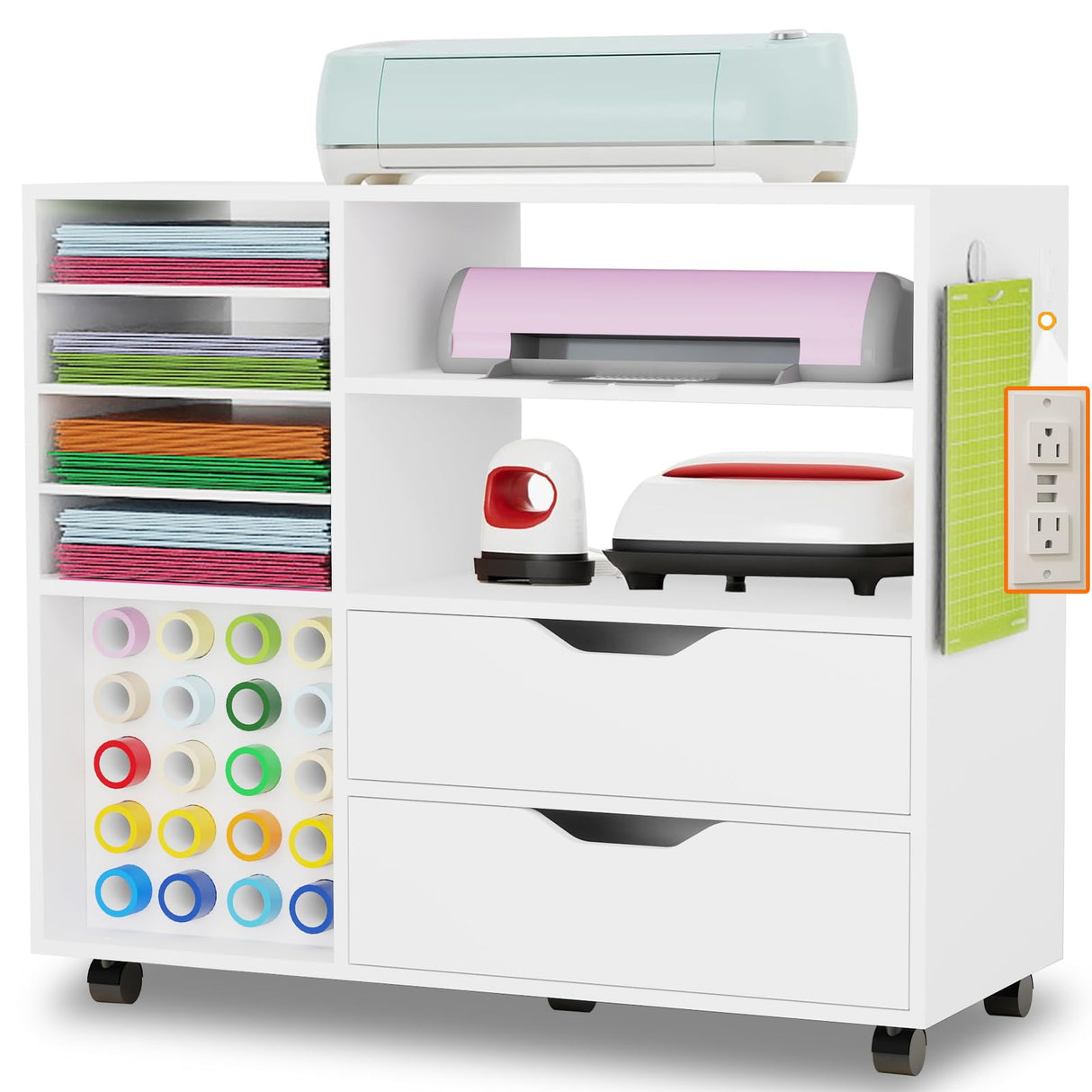 Dooloric Craft Organization and Storage Cart Compatible with Cricut Machines, Rolling Craft Table Organizer with Charge Station Vinyl Roll Holder, Drawers, Craft Storage Cabinet for Craft Room Home dooloric