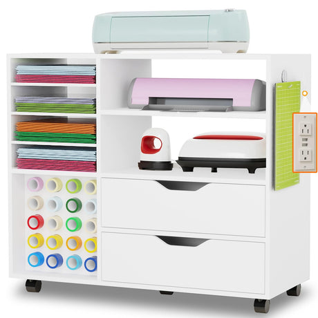 Dooloric Craft Organization and Storage Cart Compatible with Cricut Machines, Rolling Craft Table Organizer with Charge Station Vinyl Roll Holder, Drawers, Craft Storage Cabinet for Craft Room Home dooloric