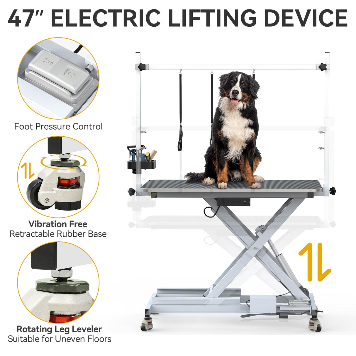 DWVO 49'' Electric Dog Grooming Table, Heavy Duty Adjustable Pet Grooming Table w/Leveling Wheels, Grooming Arm, Anti-Slip Top & Tool Organizer, Professional Dog Grooming Station (White, 49inch) DWVO
