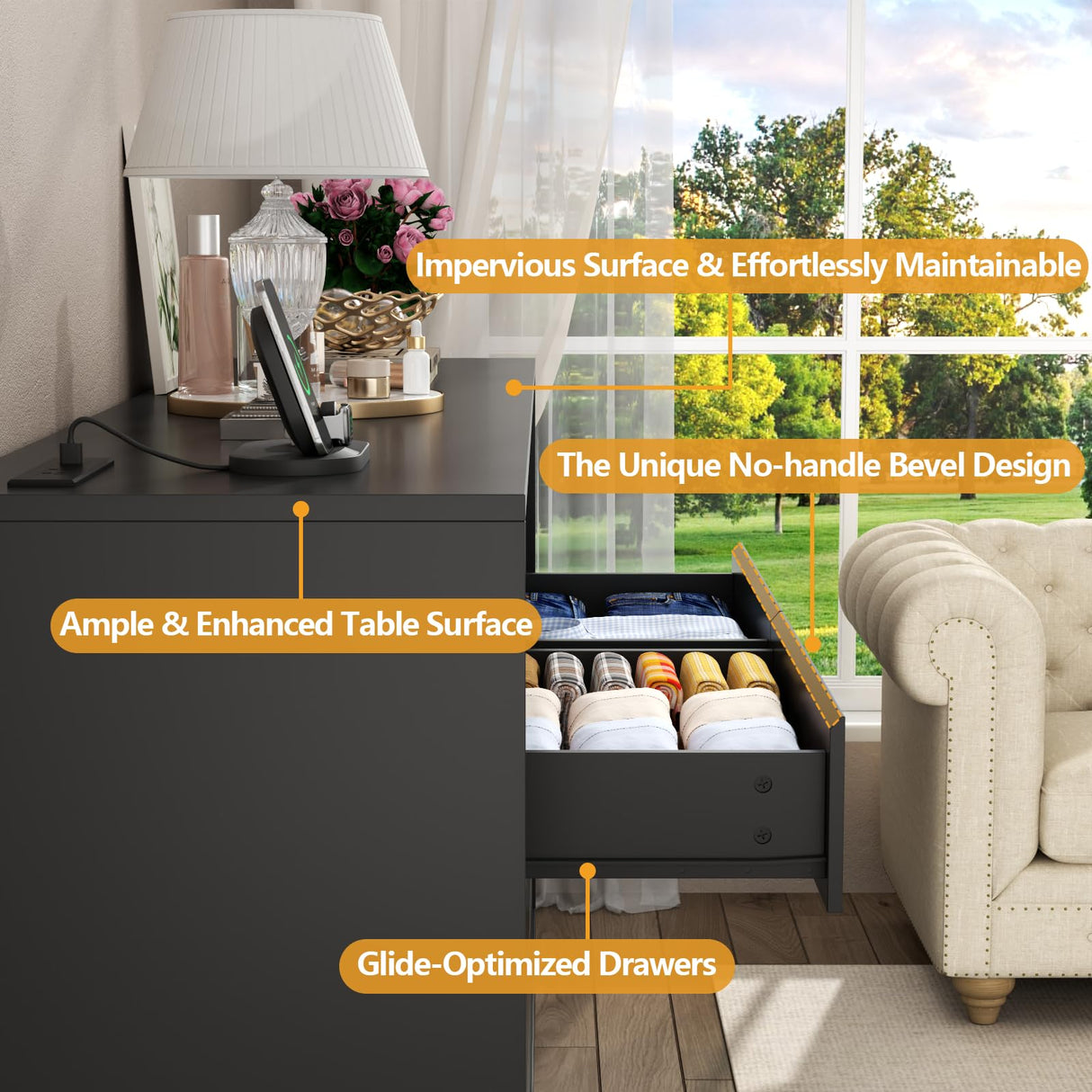 Loomie 6 Drawers Dresser with 6 Open Storage Cubbies, LED Dressers & Chests of Drawers with Power Outlet, 55" Wide Long Dresser for Bedroom, Modern TV Stand with Open Shelf for Living Room (Black) Loomie