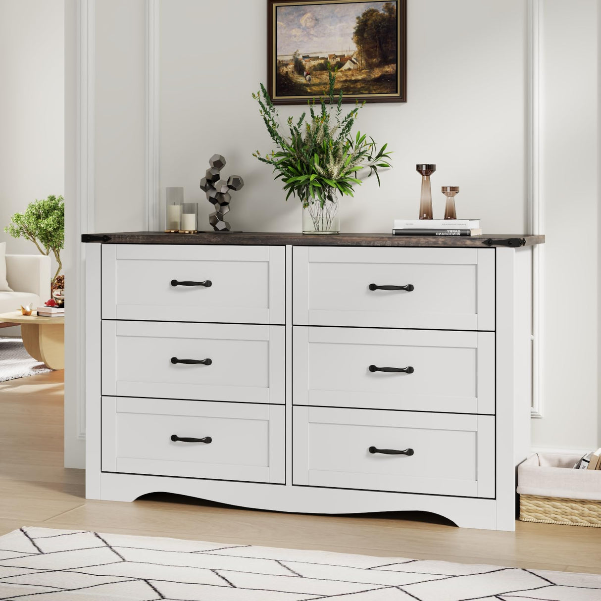 Loomie Farmhouse 6 Drawers Double Dresser for Bedroom, Modern White Dresser Chest of Drawers, Wide Dressers Organizer, Accent Storage Cabinet for Closet, Living Room, Hallway, Antique White Loomie