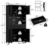 Lulive 71" Fluted Pantry Cabinet with Charging Station & Adjustable Shelves, Spacious Kitchen Storage Cabinet with Open Countertop & Drawer for Dining Room, Living Room, Black Lulive