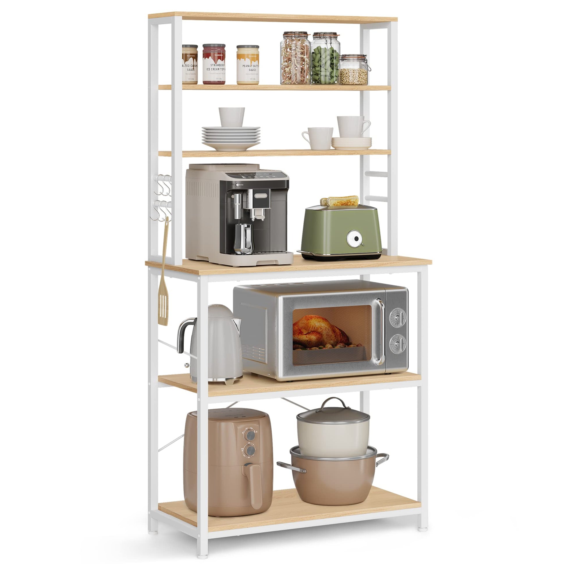 VASAGLE Oak + White 6-Tier Kitchen Baker's Rack with Adjustable Shelves & Hooks - WoodArtSupply