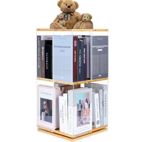 Qriocioa 360° Rotating Acrylic Bookshelf - Stylish 2-Tier Corner Storage Rack for Home and Playroom Qriocioa