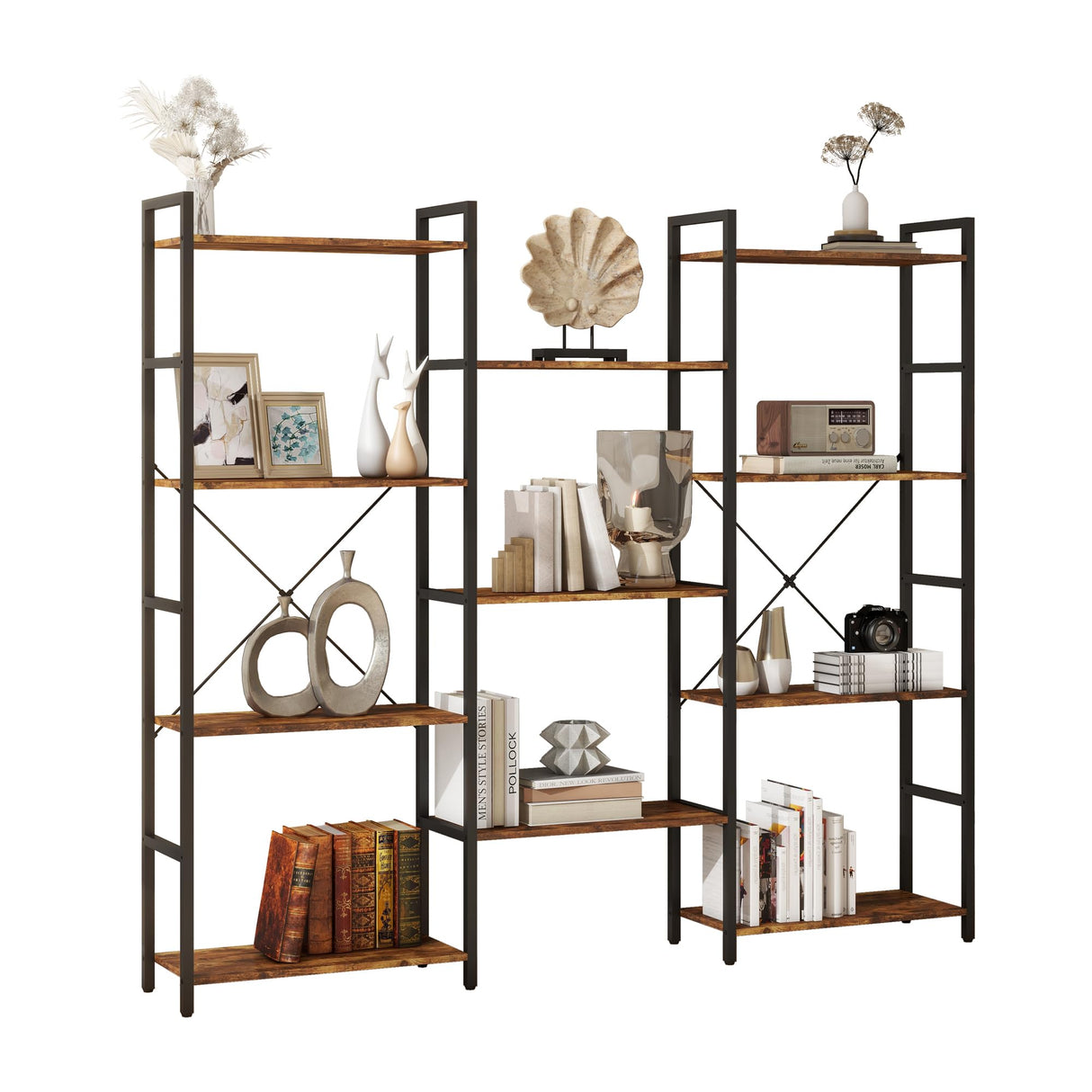 Panana Triple 4/5/6 Tier Bookshelf, Industrial Bookcase with 11/14/17 Open Display Shelves Wide Book Shelf Book Case with Metal Frame for Living Room Home Office (Brown, 4 Tier) Panana