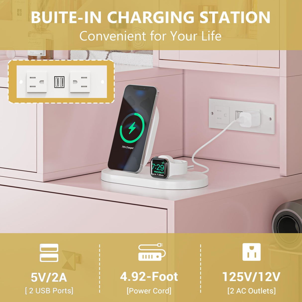 Vanity Desk with Mirror and Lights, Makeup Vanity Table Set with 5 Storage Drawers, Power Outlet & Chair, Small Dressing Table with RGB Ambient Light, Adjustable Brightness for Girls Bedroom, Pink Xixini