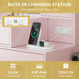 Vanity Desk with Mirror and Lights, Makeup Vanity Table Set with 5 Storage Drawers, Power Outlet & Chair, Small Dressing Table with RGB Ambient Light, Adjustable Brightness for Girls Bedroom, Pink Xixini