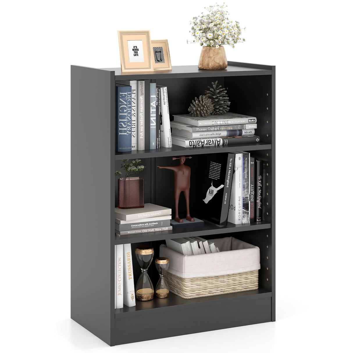Giantex 3-Cube Bookcase Black - 3-Tier Modern White Open Bookshelf with Adjustable Shelves, Anti-Tipping Device, Small Wood Cube Storage Organizer for Kid’s Room, Living Room, Bedroom Giantex
